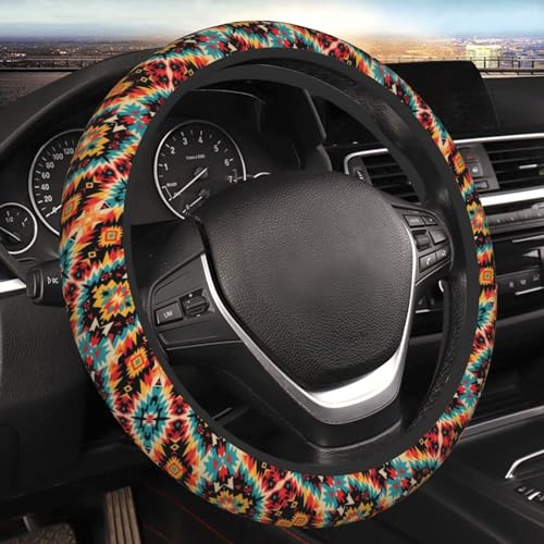 Southwest Boho Aztec Tribal Steering Wheel Cover - Universal 15 Inch, Brown Western Car Steering Wheel Covers Protector Saddle Blanket, Mandala - color: Southwest