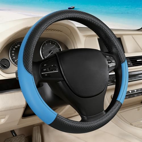 Black & Blue Car Steering Wheel Cover, Microfiber, Leather Patchwork, Universal 14.5-15 Inch Leather Anti-Slip Breathable Auto Steering Wheel Covers for Men Women - color: Black & Blue