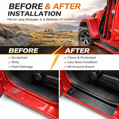 Door Sill Protector Kit for 2018-2025 Jeep Wrangler JL JLU Gladiator JT: Anti-Slip Door Entry Guards, Scratch-Resistant Step Pads, Weatherproof Car Interior Accessories for Off-Road Use