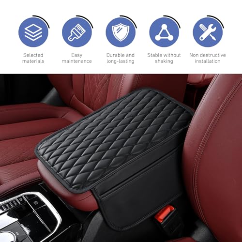 Car Center Console Cover, Upgrade Soft Skin-friendly Leather Arm Rest Cover for Car, Universal Anti-slip Scratch-resistant Armrest Mat with Side Storage Bags, for Trucks, Cars, SUVs (Black) - color: Black