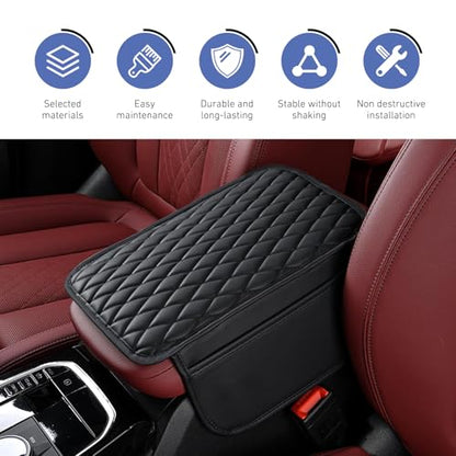 Car Center Console Cover, Upgrade Soft Skin-friendly Leather Arm Rest Cover for Car, Universal Anti-slip Scratch-resistant Armrest Mat with Side Storage Bags, for Trucks, Cars, SUVs (Black) - color: Black