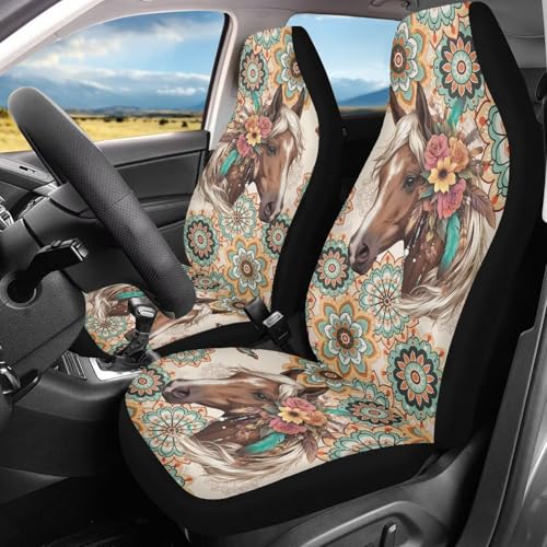 Bulopur Boho Horse Print Seat Covers for Cars Full Set 2 Piece Automotive Front Seat Covers Washable Fabric Car Interior Cushion Cover Easy to Install - color: Boho Horse Print