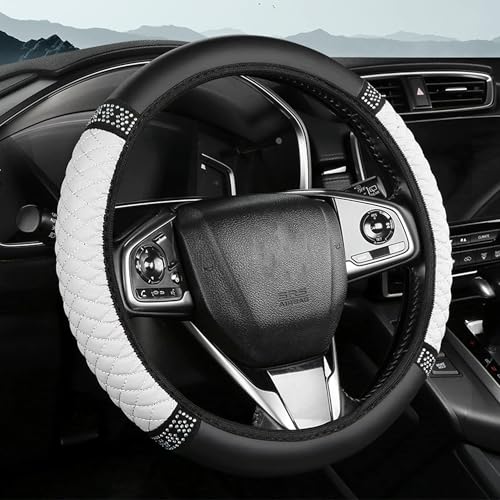 Bling Car Steering Wheel Cover, 15 Inch Rhinestones Soft Leather Elastic Steering Wheel Protector, Sparkly Crystal Diamond for Women Girls, Car Interior Accessories for Most Cars (White) - color: White