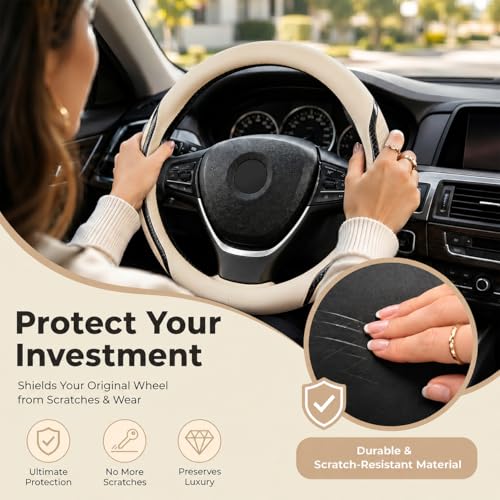 Car Steering Wheel Cover Beige, 14.5-15 inch Steering Wheel Covers with Coasters Microfiber Leather Carbon Fiber Breathable Anti-Slip Durable Universal Auto Steering Wheel Protective - color: beige, size: Medium