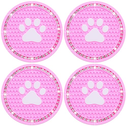 4PCS Bling Car Cup Holder Coaster, Universal Dog/Cat Paw Auto Non-Slip Crystal Rhinestone Cup Holder Coaster, 2.75In Universal Non-Slip Recessed Car Interior Accessories (Pink & White) - color: Pink & White, size: 4 pcs