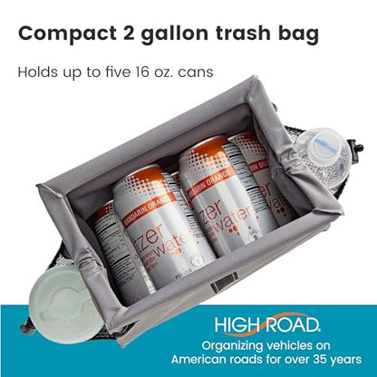 High Road Car Organizer with Car Trash Bin and Tissue Holder - Holds Full Size Tissue Box, Bottles and Wipe Containers - 2 Gal Leakproof Covered Trash Can with Push-Close Lid - color: Gray