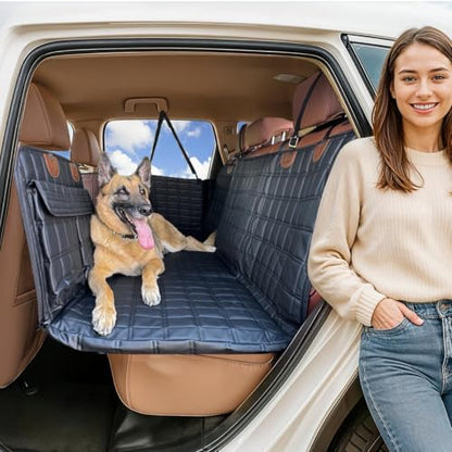 APetsPlanet Backseat Extender for Dogs, Dog Seat Cover Hard Bottom for Car Backseat & Truck Travel Bed, Platform Hammock Mat Converts Rear Seat Into Backseat Bed, Black Leather with Door Covers - style: Black Leather - With Door Covers