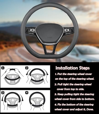 XHRING D-Shaped Car Steering Wheel Cover for Nissan Altima Rogue Sentra Pathfinder Maxima Versa Kicks SR SV Sport Accessories, 2026 Leather Black 14 1/2"-15"