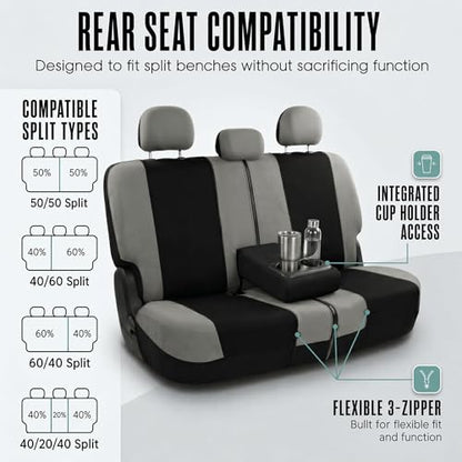 FH Group Universal Fit Gray Black Automotive Seat Covers Combo Set with Steering Wheel Cover and Seat Belt Pad fits Most Cars, SUVs, and Trucks (Airbag Compatible and Split Bench) - color: Gray/Black