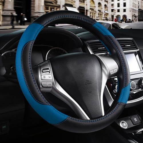 Leather Car Steering Wheel Cover, Non-Slip Car Wheel Cover Protector Breathable Microfiber Leather Universal Fit for Most Cars (Blue-2) - color: Blue-2
