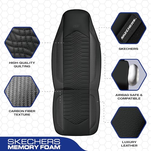 Skechers Memory Foam Car Seat Covers, Leather High Back Seat Covers Quilting Design,Waterproof Sports Car Seat Covers Front Seats,Airbag Compatible Universal Fit for Most Cars, SUVs,Trucks,Black