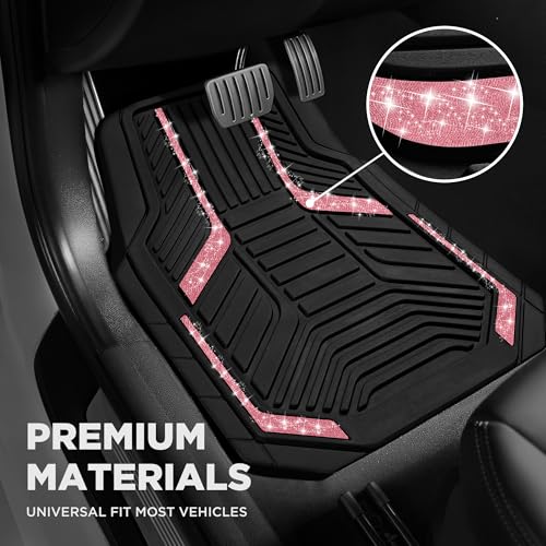 PIC AUTO Car Floor Mats, Hot Pink Sparkly Crystal Bling Glitter Car Mats Set, Front and Rear Heavy Duty Rubber Car Mats with Anti-Slip Backing, All Weather, Trim-to-Fit for SUVs, Trucks, Sedan, Vans - color: Hot Pink Glitter