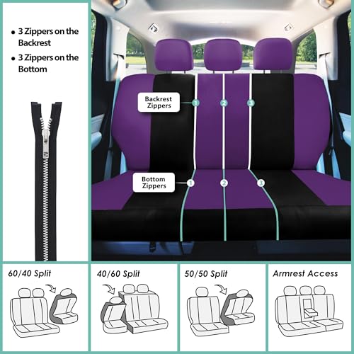 FH Group Light & Breezy Cloth Full Set Car Seat Covers (Purple/Black) Combo Set: Steering Wheel Cover, Seat Belt Pads and Black Vinyl Floor Mats – Universal Fit for Cars Trucks & SUVs