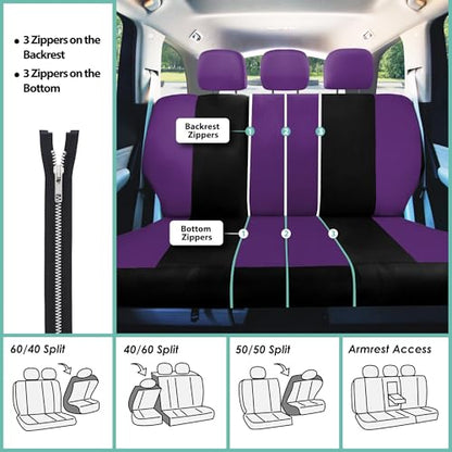 FH Group Light & Breezy Cloth Full Set Car Seat Covers (Purple/Black) Combo Set: Steering Wheel Cover, Seat Belt Pads and Black Vinyl Floor Mats – Universal Fit for Cars Trucks & SUVs