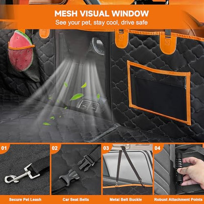 Dog Car Seat Cover for Back Seat, 600D Heavy Duty Hard Bottom Back Seat Extender for Dogs, Waterproof Scratchproof Nonslip Dog Hammock with Mesh Window, Universal Fit for Cars Trucks SUVs