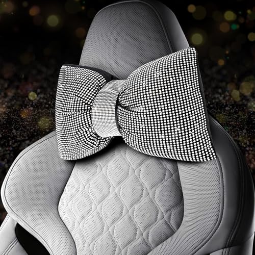 ChuLian 2 PCS Bling Car Pillows, Rhinestones Bowknot Bling Car Headrest Pillow, Car Neck Pillow for Driver Cool Relax Necksupport, White Crystal Diamond Car Accessories for Women