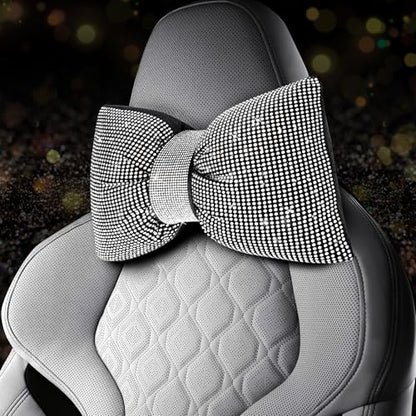 ChuLian 2 PCS Bling Car Pillows, Rhinestones Bowknot Bling Car Headrest Pillow, Car Neck Pillow for Driver Cool Relax Necksupport, White Crystal Diamond Car Accessories for Women