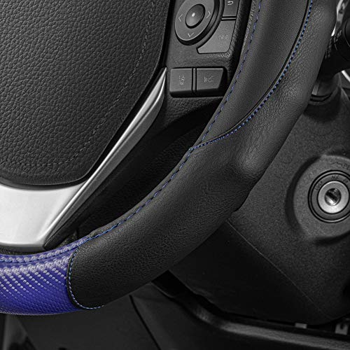 BDK GripDrive Carbon Fiber Steering Wheel Cover, Non-Slip Sporty Racing Faux Leather Ergonomic Comfortable Handle, Steering Wheel Cover for Cars Trucks Vans SUV - Fits Standard 15 Inch - Blue