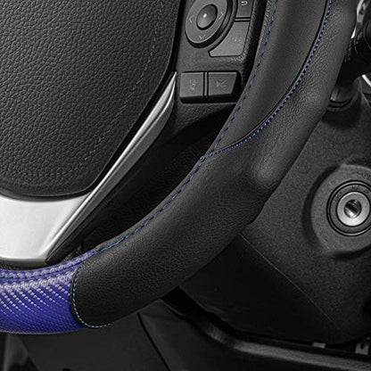 BDK GripDrive Carbon Fiber Steering Wheel Cover, Non-Slip Sporty Racing Faux Leather Ergonomic Comfortable Handle, Steering Wheel Cover for Cars Trucks Vans SUV - Fits Standard 15 Inch - Blue