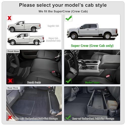 All Weather Floor Mats for 2017-2026 Ford F250/F350/F450 SuperCrew Cab with Rear Under Seat Storage, TPE Rubber Floor Liners Anti-Slip Full Set Automotive Mats for 2024 2025 F250/F350/F450 Accessories