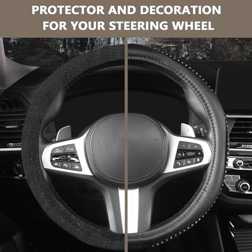 Bling Steering Wheel Cover - Crystal Studded Rhinestone Non-Slip Breathable Design for Women/Girls, Universal Fit 14.5-15 Inch Black