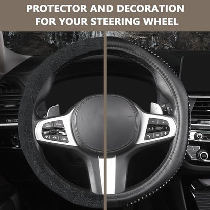 Bling Steering Wheel Cover - Crystal Studded Rhinestone Non-Slip Breathable Design for Women/Girls, Universal Fit 14.5-15 Inch Black
