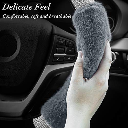 Achiou Rhinestone Fluffy Steering Wheel Cover - Comfortable Non-Slip Luxury Faux Wool, Universal Fit for 14.5" to 15" Steering Wheels - color: Black and Gray