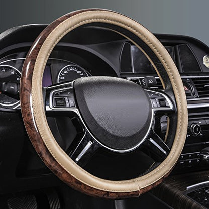 CAR PASS Wood Grain 14.5-15 inch Microfiber Leather Steering Wheel Cover, Anti-Slip Veins Design Steering Wheel Universal Fit for Most Cars, Sedans, SUV， Beige - color: beige