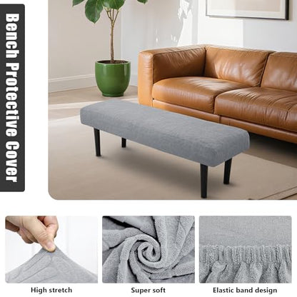 Stretch Bench Seat Cover, Reusable Slipcover for Dining Room & Bedroom, Removable Washable Rectangular Bench Covers, Elastic Fit for Home Furniture (Light Grey)
