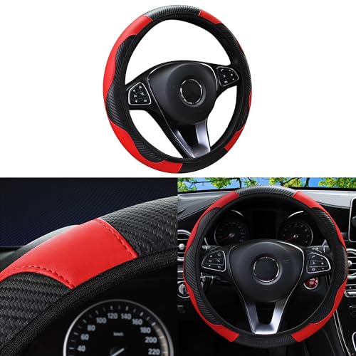 Car Steering Wheel Cover, 15 inch Carbon Fiber Microfiber Anti-Slip Breathable PU Leather Elastic Steering Wheel Protector, Car Interior Accessories for Most Cars (Red) - color: Red