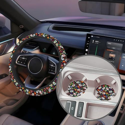Day of The Dead Sugar Skull Steering Wheel Cover with 2 Pcs Car Coasters Neoprene Steering Wheel Cover for Women Men Anti-Slip Breathable Car Accessories Universal 15 Inch Fit Auto Cars Trucks - color: Day of the Dead Sugar Skull