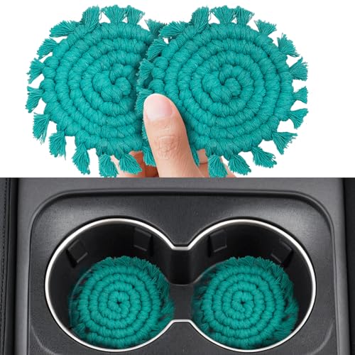 Cotton Car Coasters for Cup Holders, 2 Pack Macrame Boho Car Cup Holders Insert Coasters for Car Interior Accessories for Women and Man-Teal Blue - color: Teal Blue