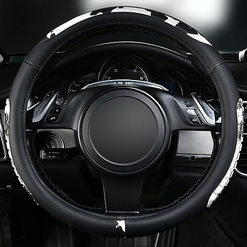 Flying Banner car Steering Wheel Cover Gel Massage Velvet Cool Warm Universal Size 15 inches SUV Truck Anti Slip Odorless Summer Winter (Black Cow Print, Gel Massage) - color: Black Cow Print