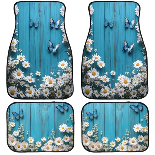 Flower Car Floor Mats Daisy Blue Butterfly Rustic Wooden Carpet Front Rear Carpets Mat Decorative Car Floor Carpets Non-Slip Auto Car Accessories Universal Fit for Car SUV Truck Van - color: Flower