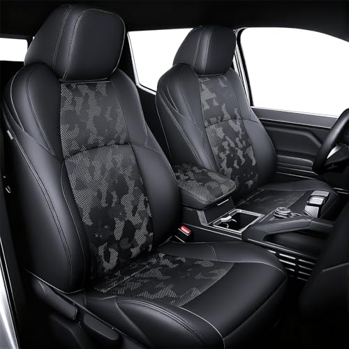 Leather Seat Covers Custom Fit for 2024-2026 Tacoma Gen 4th Double Cab - Fully Covered - Fit Like a Glove - Center Console Armrest Covers Included - Camouflage Black & Black Stitching