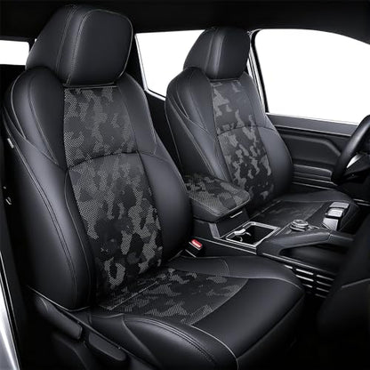 Leather Seat Covers Custom Fit for 2024-2026 Tacoma Gen 4th Double Cab - Fully Covered - Fit Like a Glove - Center Console Armrest Covers Included - Camouflage Black & Black Stitching