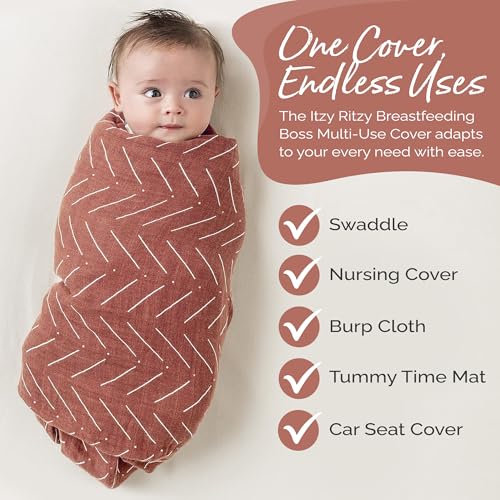 Itzy Ritzy Breastfeeding Boss Multi-Use Cover – A Nursing Cover, Swaddle, Car Seat Wrap, Tummy Time Mat & Burp Cloth All in One – Made of Soft Muslin Fabric & Measures 47” x 47” (Mudcloth) - color: Mudcloth