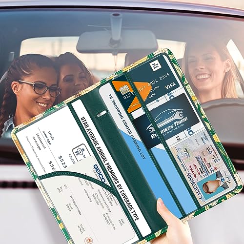 CoBak Car Registration and Insurance Holder - Vehicle Glove Box Car Organizer,Auto Truck Comparment Accessories Case with Magnetic Closure for Driver License,Cards - color: L-Blossom-Pine Green