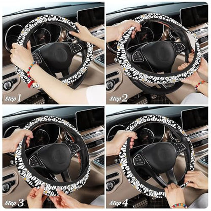 Daisy Steering Wheel Cover for Women Girly,White Daisy Flower 15 Inch Non-Slip Breathable Neoprene Steering Wheel Cover Fit Auto,SUVs,Includes 2 PCS Cup Coasters - color: Daisy