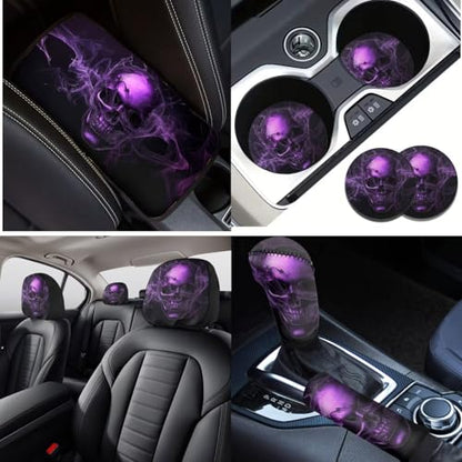16 Pcs Car Seat Cover Full Sets, Skull Printed Soft Car Front Rear Seat Covers with Steering Wheel Cover Center Console Covers Seatbelt Pads Head Rest Protector Car Coaster, Universal Fits - color: Black and Purple - Skull