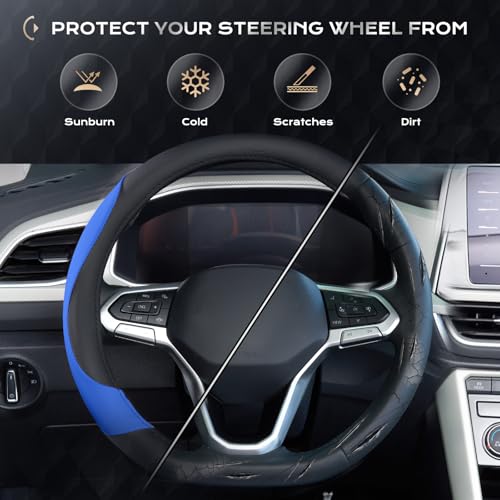 Coverado Car Steering Wheel Cover, Nappa Leather Black & Blue Steering Wheel Covers for Women, Universal 14-15 inch, Anti-Slip, Breathable Steering Wheel Protector - color: B-BlackBlue