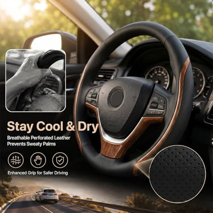 Steering Wheel Cover Black Wood Grain, Leather Car Steering Wheel Covers with Coasters Universal 14.5-15 inch Microfiber Breathable Anti-Slip Steering Wheel Accessories Set - color: WoodGrain, size: Medium