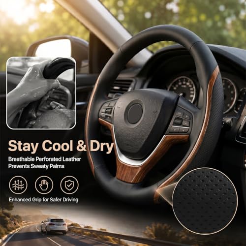 Steering Wheel Cover Black Wood Grain, Leather Car Steering Wheel Covers with Coasters Universal 14.5-15 inch Microfiber Breathable Anti-Slip Steering Wheel Accessories Set - color: WoodGrain, size: Medium