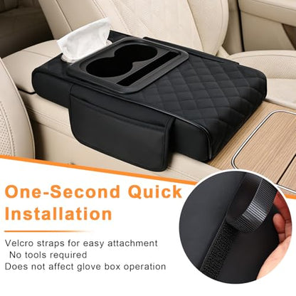 Car Armrest Cushion,Multifunctional Leather Console Cover with Cup Holders,Center Console Armrest with Tissue Box Slot & Phone Storage,Car Interior Accessories,Black
