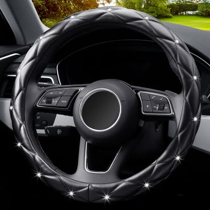 YOGURTCK Diamond Soft Leather Anti-Slip Steering Wheel Cover with Bling Bling Crystal Rhinestones, Universal 15 Inch for Women Girls, Fit Vehicles, Sedans, SUVs, Vans, Trucks - Black - color: A-Black