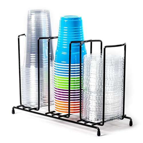 Wire Frame Cup and Lid Organizer, 3 Compartment Metal Rack Design Storage Holder for Plastic, Coffee Beverage Cups