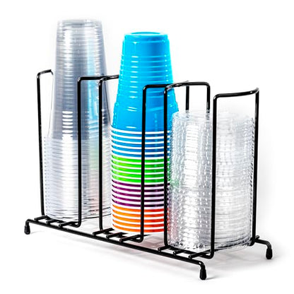 Wire Frame Cup and Lid Organizer, 3 Compartment Metal Rack Design Storage Holder for Plastic, Coffee Beverage Cups