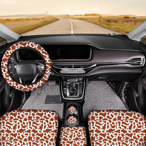 15 Pcs Car Steering Wheel Cover Center Console Armrest Pad Headrest Seat Belt Cover Handbrake Cover Keychain Coaster Full Set Car SUV (Brown Cow) - color: Brown cow