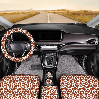 15 Pcs Car Steering Wheel Cover Center Console Armrest Pad Headrest Seat Belt Cover Handbrake Cover Keychain Coaster Full Set Car SUV (Brown Cow) - color: Brown cow