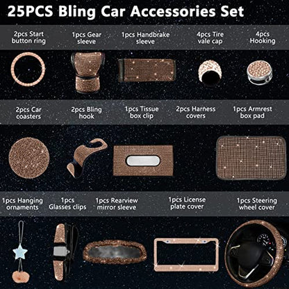25PCS Bling Car Car Accessories Set,15 Inch Steering Wheel Cover,Shiny License Plate Frame,Center Console Cover and Rearview Mirror Set and Other Car Accessories(Champ) - color: Champagne